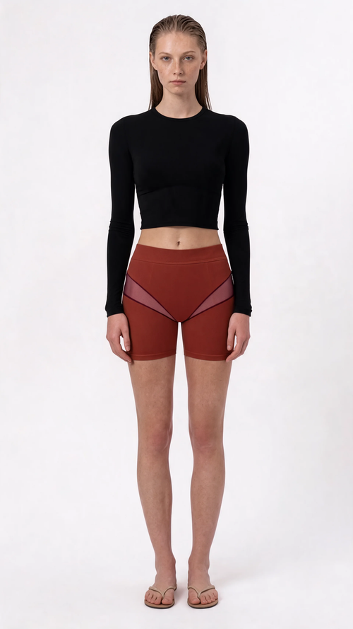 Mesh-Panel Bike Short Rust